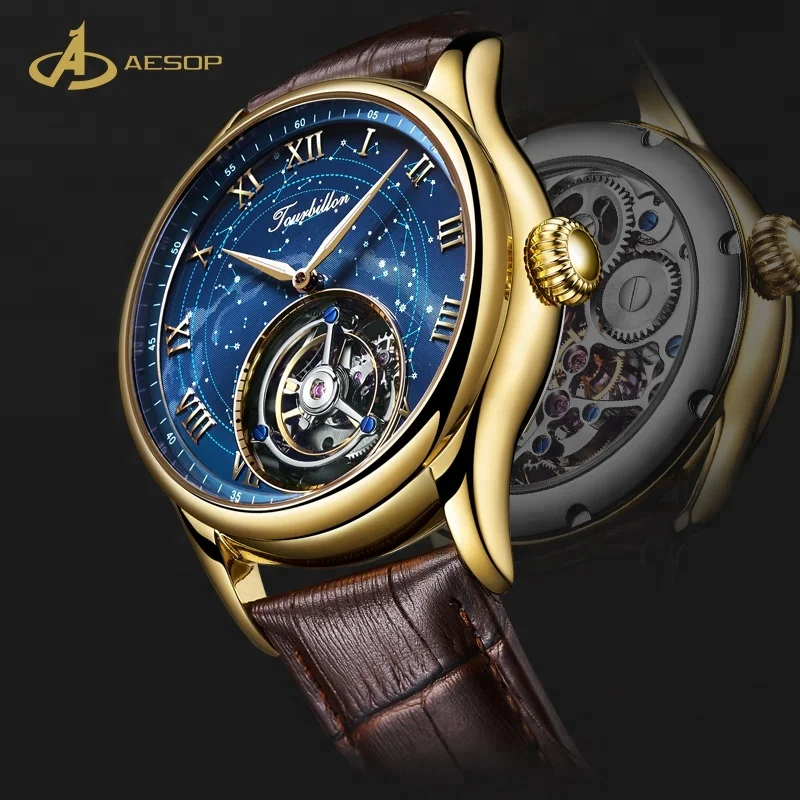 

2019 Aesop luxury watch stainless steel case bottom leather waterproof tourbillon mechanical men's watch automatic watch