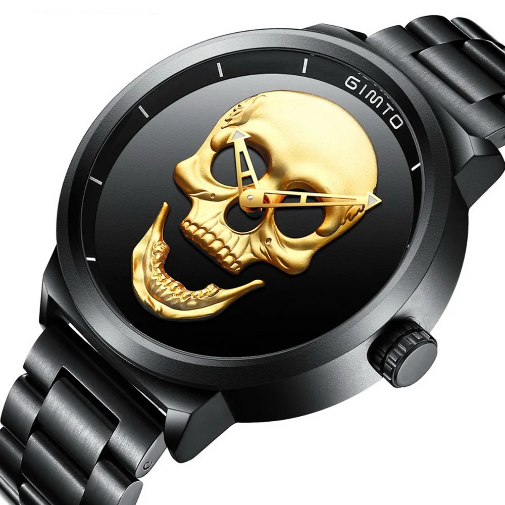 

Watch GIMTO Male Unique 3D Design Skull Watches Men Luxury Brand Sports Quartz Military Steel Wristwatch Men relogio masculino