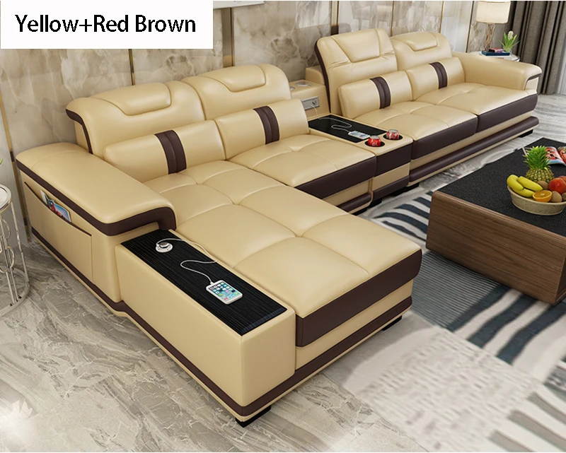 European Style Modern White Genuine Leather Sofa With Bluetooth Speaker