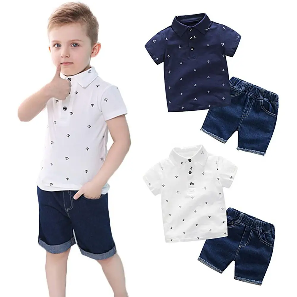 Summer Children Boys Outfits Set Baby Anchor Print Shirt Tops+Denim Shorts Toddler Casual Suit