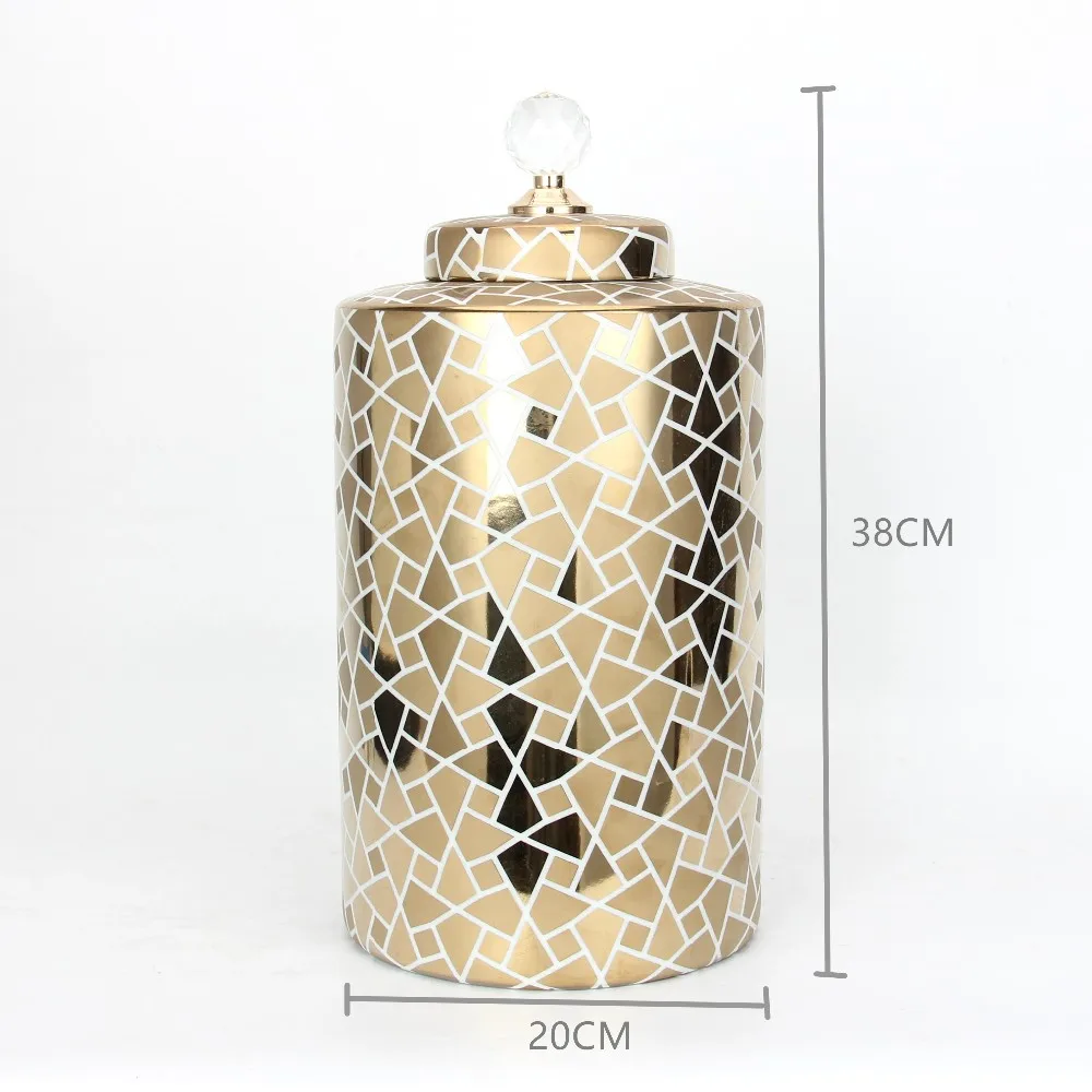 J057 Modern Home Decoration Ceramic Gold Jar With Diamond Lid Shinning
