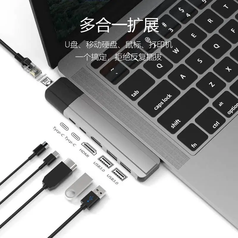 

6 in 2 dual Type c Adapter with HDTV RJ45 2USB 3.0 Thunderbolt 3 Hub For Macbook Pro 13" 15", Silver