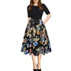 Women's vintage floral print pockets puffy swing casual party dresses