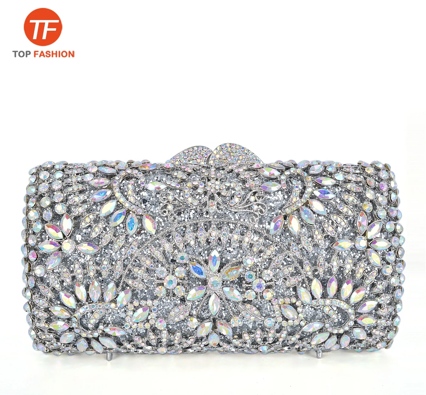 

Luxury Crystal Rhinestone Clutch Purse Silver Florals Evening Bag for Wedding Party Wholesales from China Supplier, Ab silver ( accept customized )