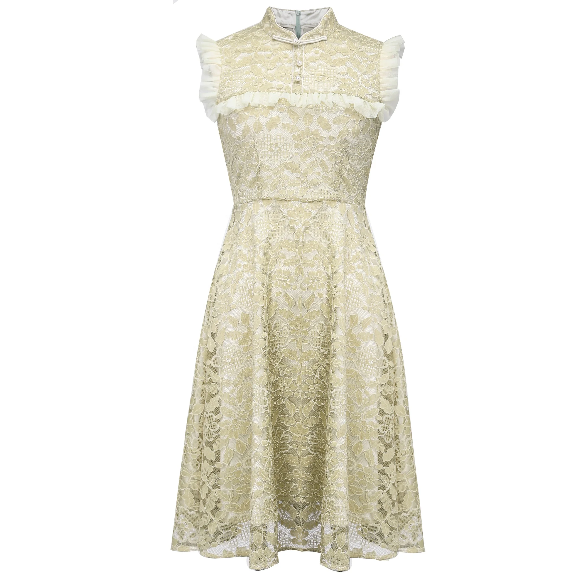 

JINYE Oriental Light Green Sleeveless Lace Flare Mini Modern Cheongsam Dress