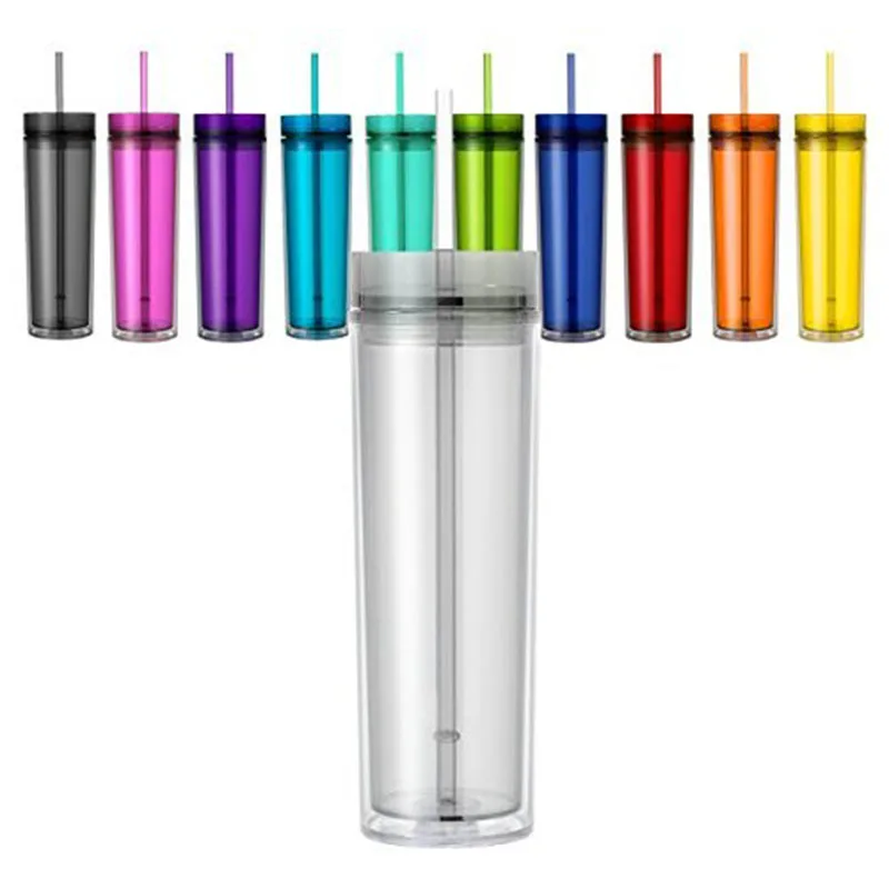 

16 oz Plastic Skinny Acrylic With Straw Tumbler Cups, Red;black;gold