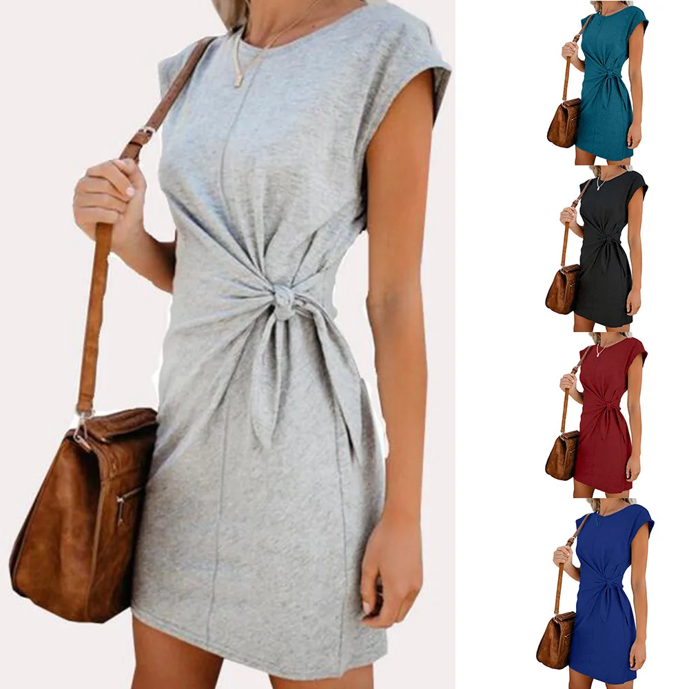 

2019 Summer Women's Bohemian Beach Dresses Personality Slim Short Sleeve Tie Waist Tunic Casual Summer Vestidos Plus Size, As shown