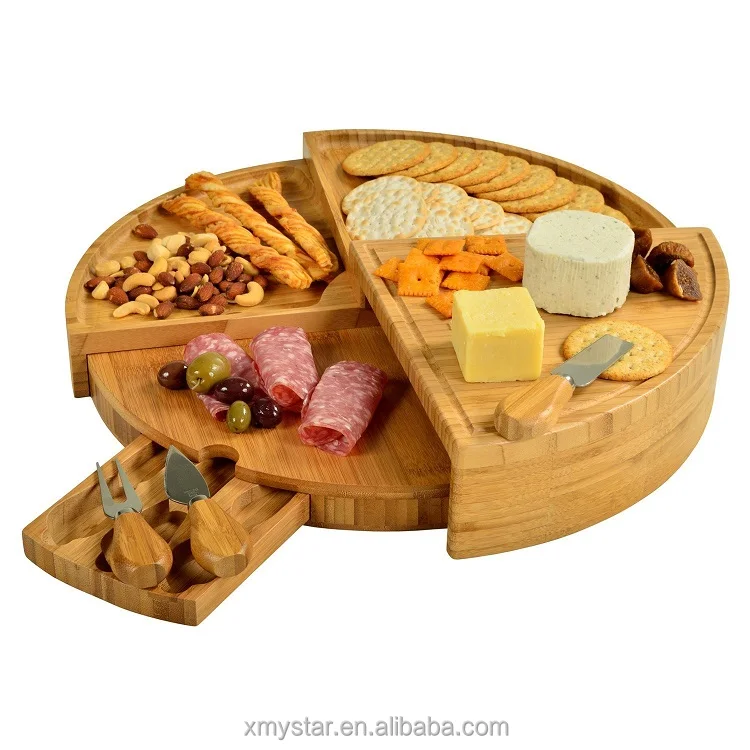 
Natural round bamboo cheese board with 3 cheese knives in slide-out drawer 