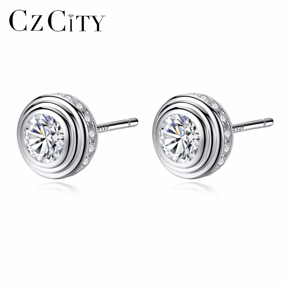 CZCITY Women Daily-Life Wholesale Jewelry Simple Fine 925 Silver Stud Earrings With Circle Clear CZ Stone Earring