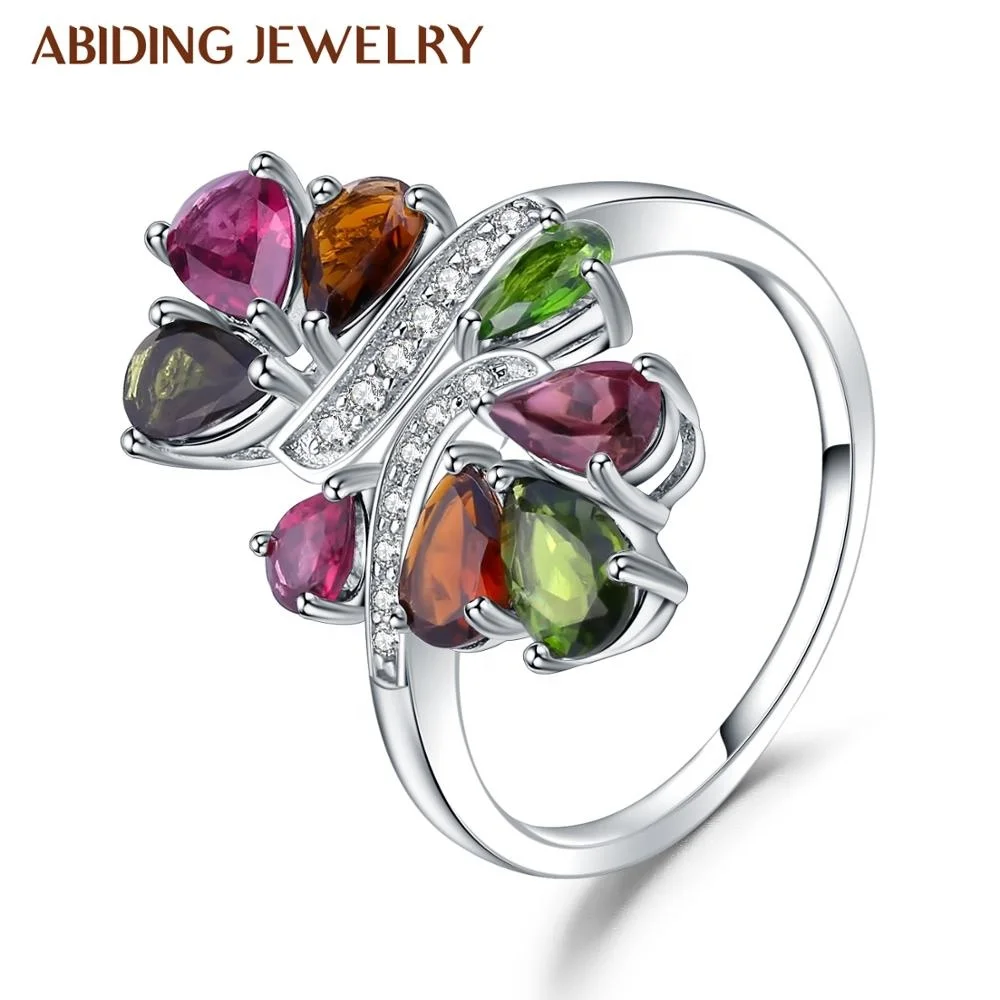 

Abiding Natural Chrome Diopside Rhodolite Garnet Tourmaline Ring 925 Sterling Silver Gemstone Rings For Women Fine Jewelry