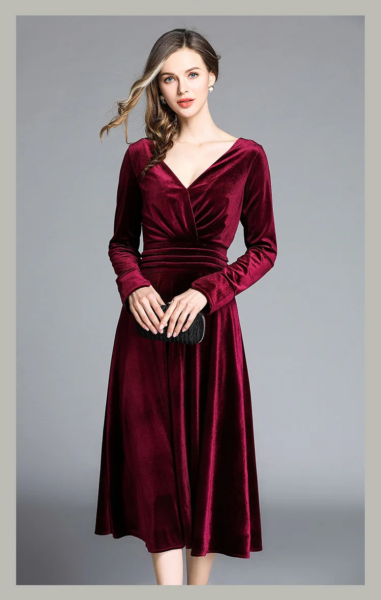 Wholesale Casual Midi Dress Burgundy Velvet Long Sleeves Fit & Flare ...