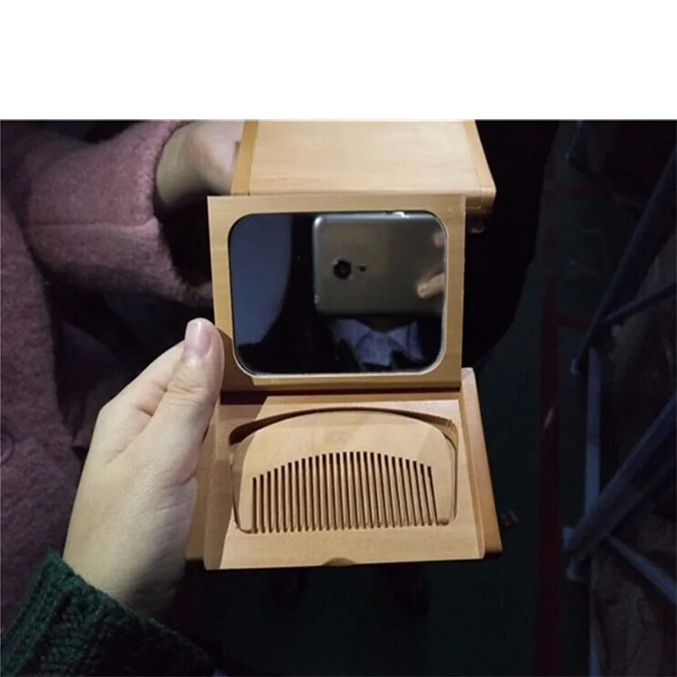 

High quality wooden folding pocket mirror with beard comb, Natural wooden color