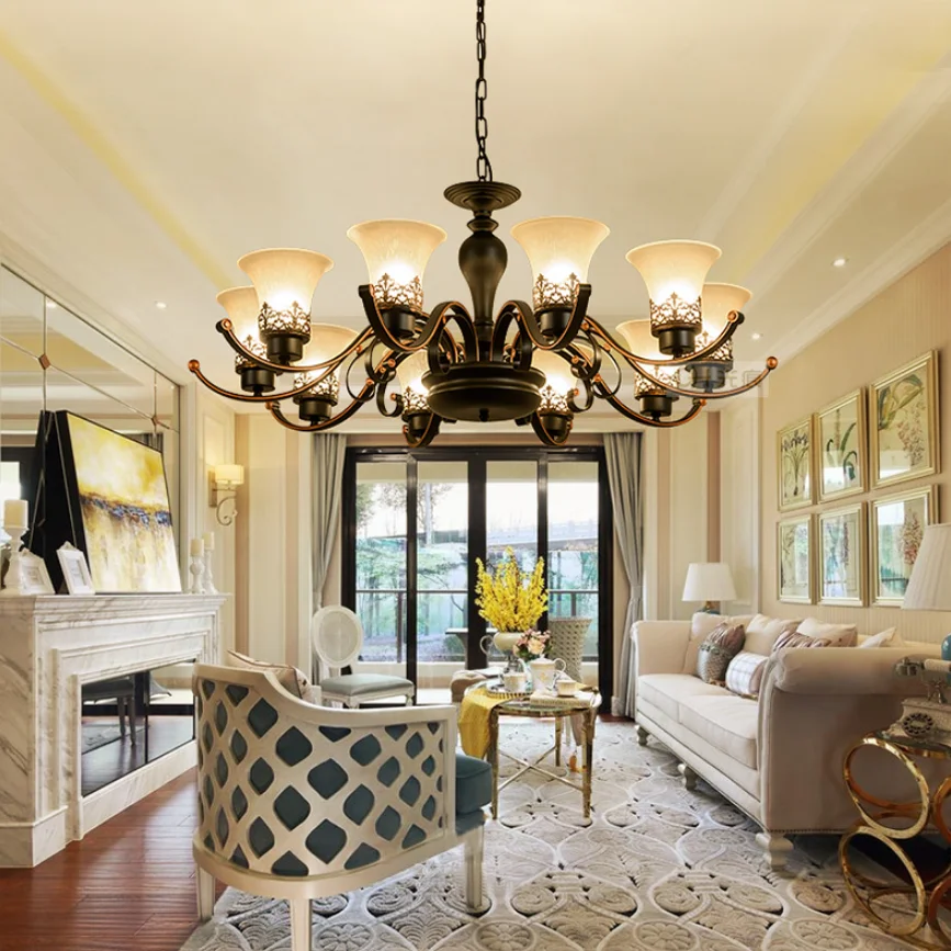 Wholesale 6 8 10 heads modern hotel wrought iron ceiling glass flower crystal pendant chandelier classic