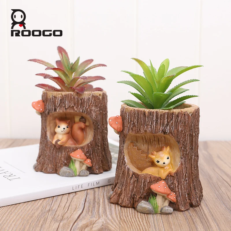 

Roogo new design serdang brick red tree hole storry cute animal garden planter home deco resin hanging flower pot indoor garden