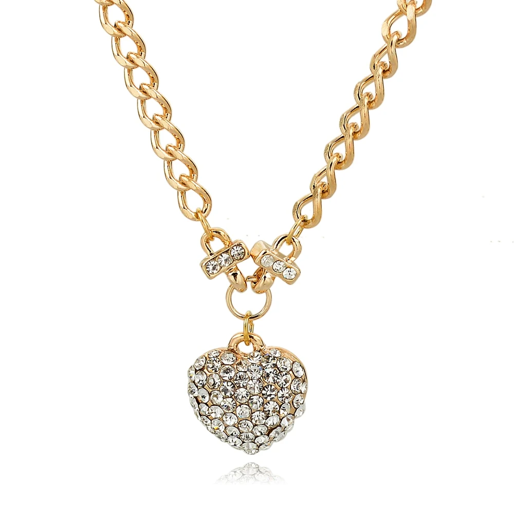 

Short pendant necklace with 3d heart charm pendant necklace, high polished heart with full rhinestone on gold chain necklace