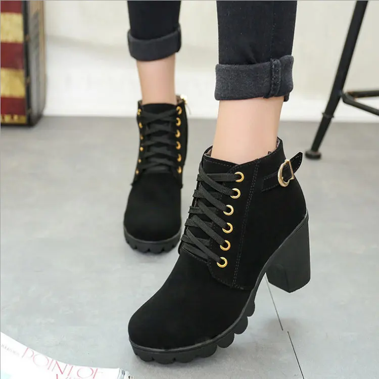 

Women Boots High Heel Lace Up Ankle Boots Ladies Buckle Platform Shoes, Black brown green red