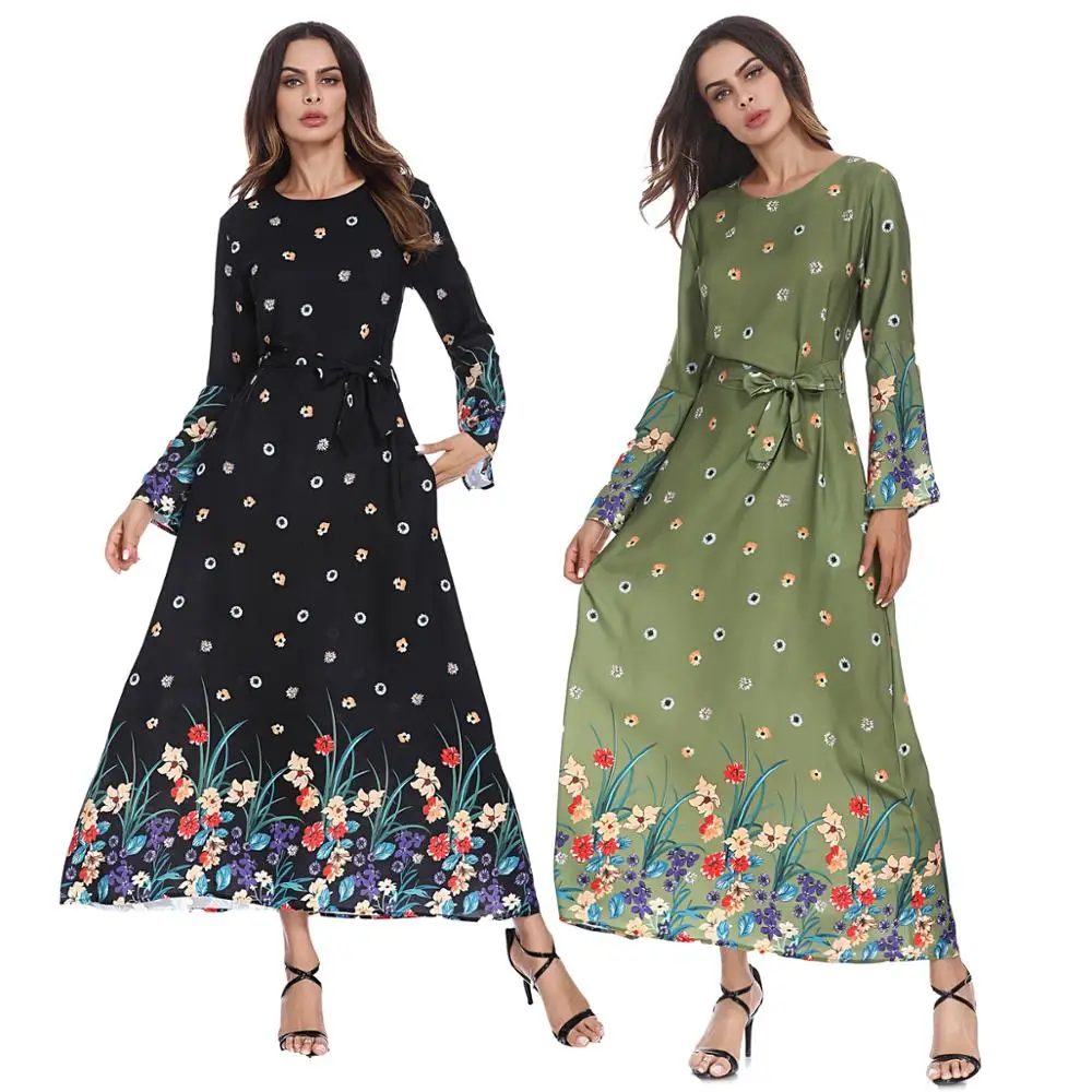 

Muslim Women's Aline Dress O Neck Floral Casual Maxi Long Dress, Green/black