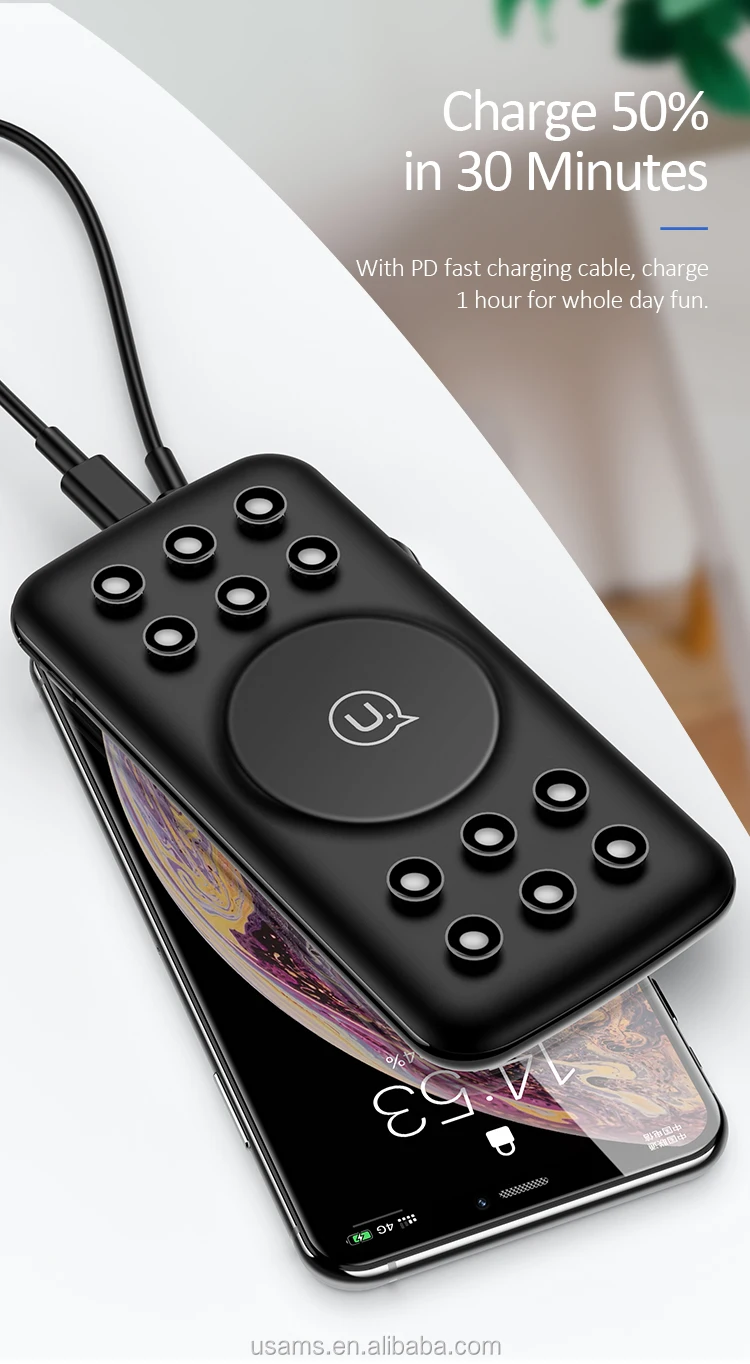USAMS 2020 Portable External Battery Bank Built-in Qi Wireless Charger Power bank With Suction Cup 10000mAh - ANKUX.COM
