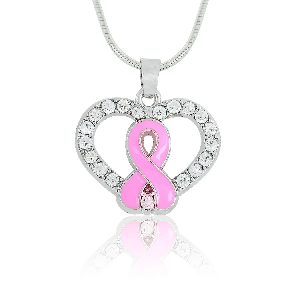 

Wholesale Alloy Pink Enamel Cancer Ribbon Heart Shape Crystal Snake Chain Necklace, Breast Cancer Awareness Necklace