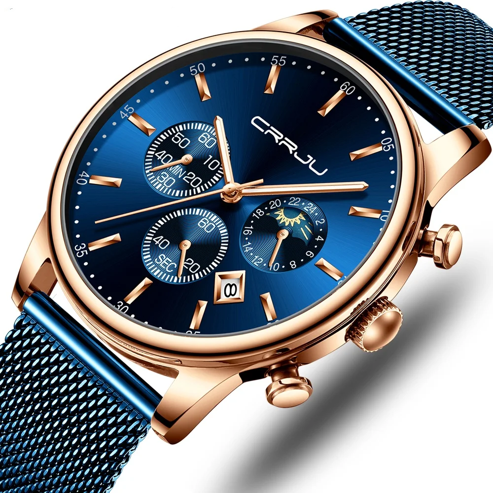CRRJU Luxury Quartz Watch for Men Blue Dial Watches Sport Watches Chronograph Clock Mesh Belt Wrist Watch Relogio Masculino
