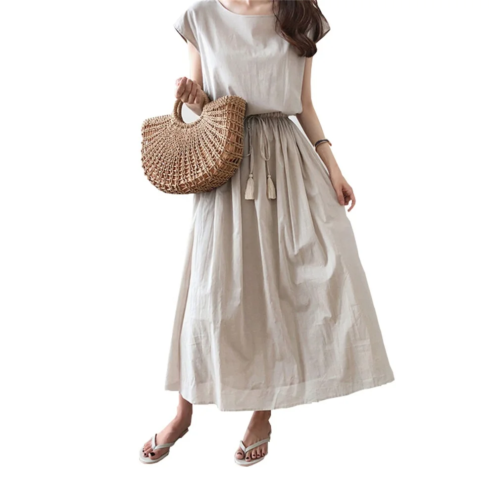 Summer Women Cotton Linen Dresses Casual Short Sleeve Tie Waist Long Maxi Dress 2019 Vintage A-Line Beach Dress Sundress