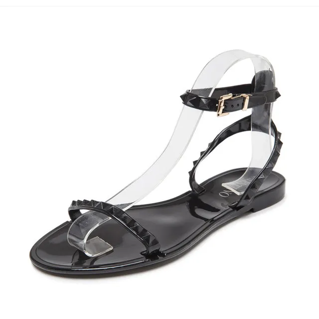 

Rivet simple design ladies fancy flat sandal cheap women jelly shoes 2021, studded sandals, Black,white.