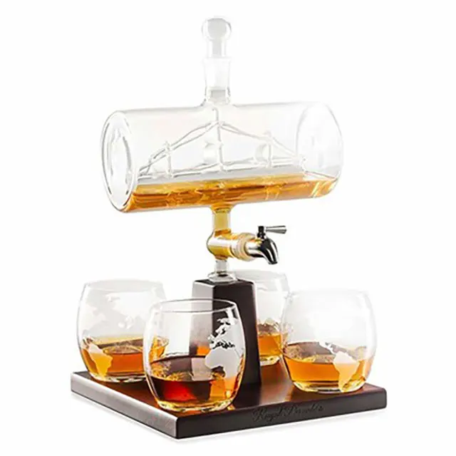 
Creative Decanter with Antique Ship and 4 World Map Glasses 