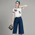 2 piece set women cropped tops short sleeve insects appliques white lace t shirt and wide