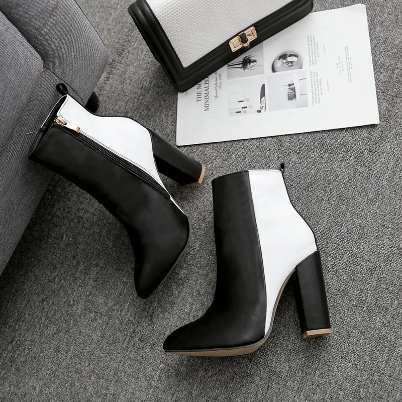 

Black and white combination chunky heel leather ankle boots shoes, Custom color