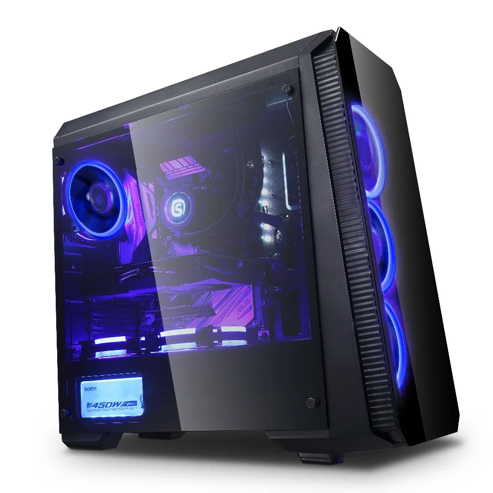 Front Led Fan Atx Mid Tower Gaming Computer Case With Tempering Glass ...