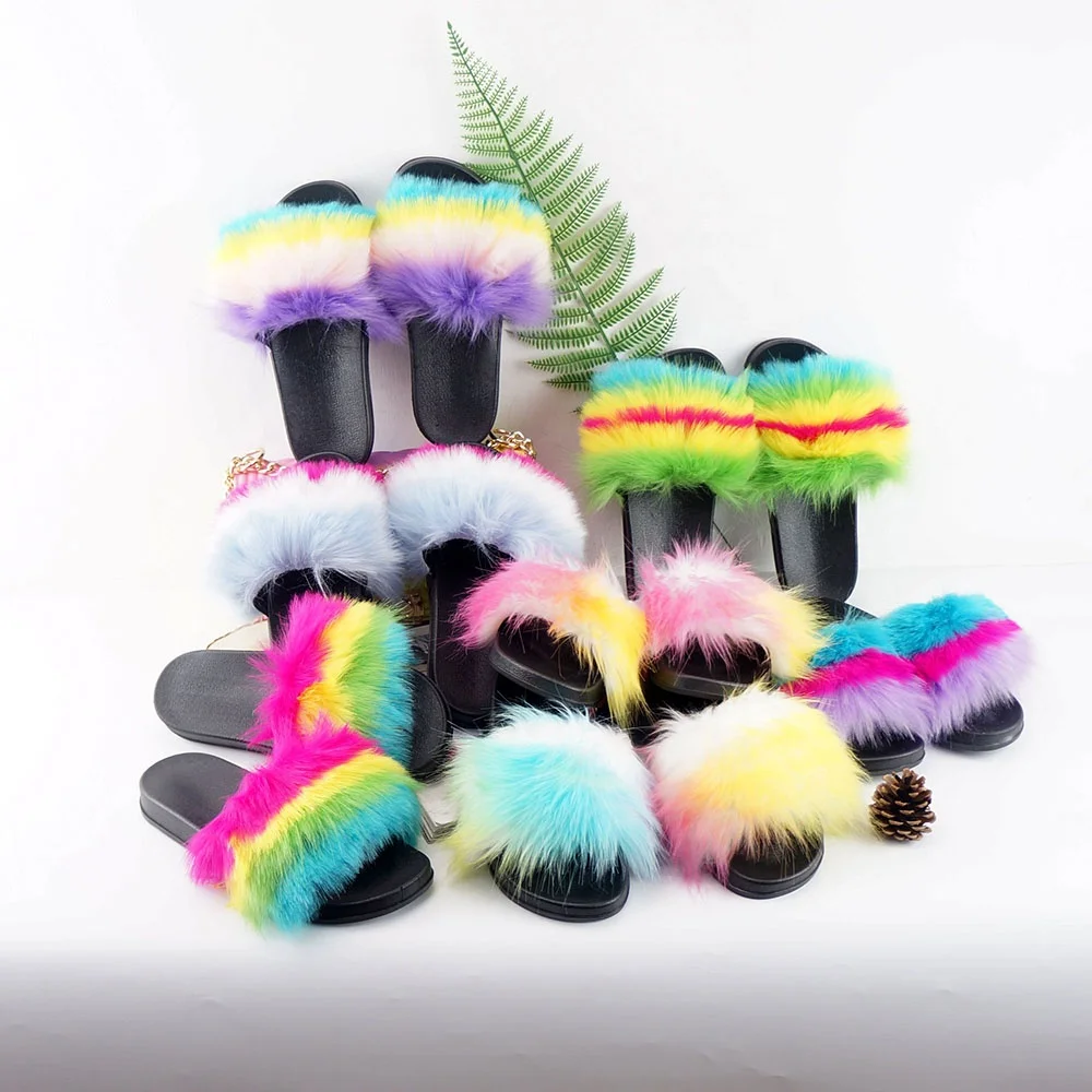 

2021 New trendy slides for women summer slides footwear hot sale women shoes Indoor Soft Slippers faux fur slippers, Rainbow pink or other