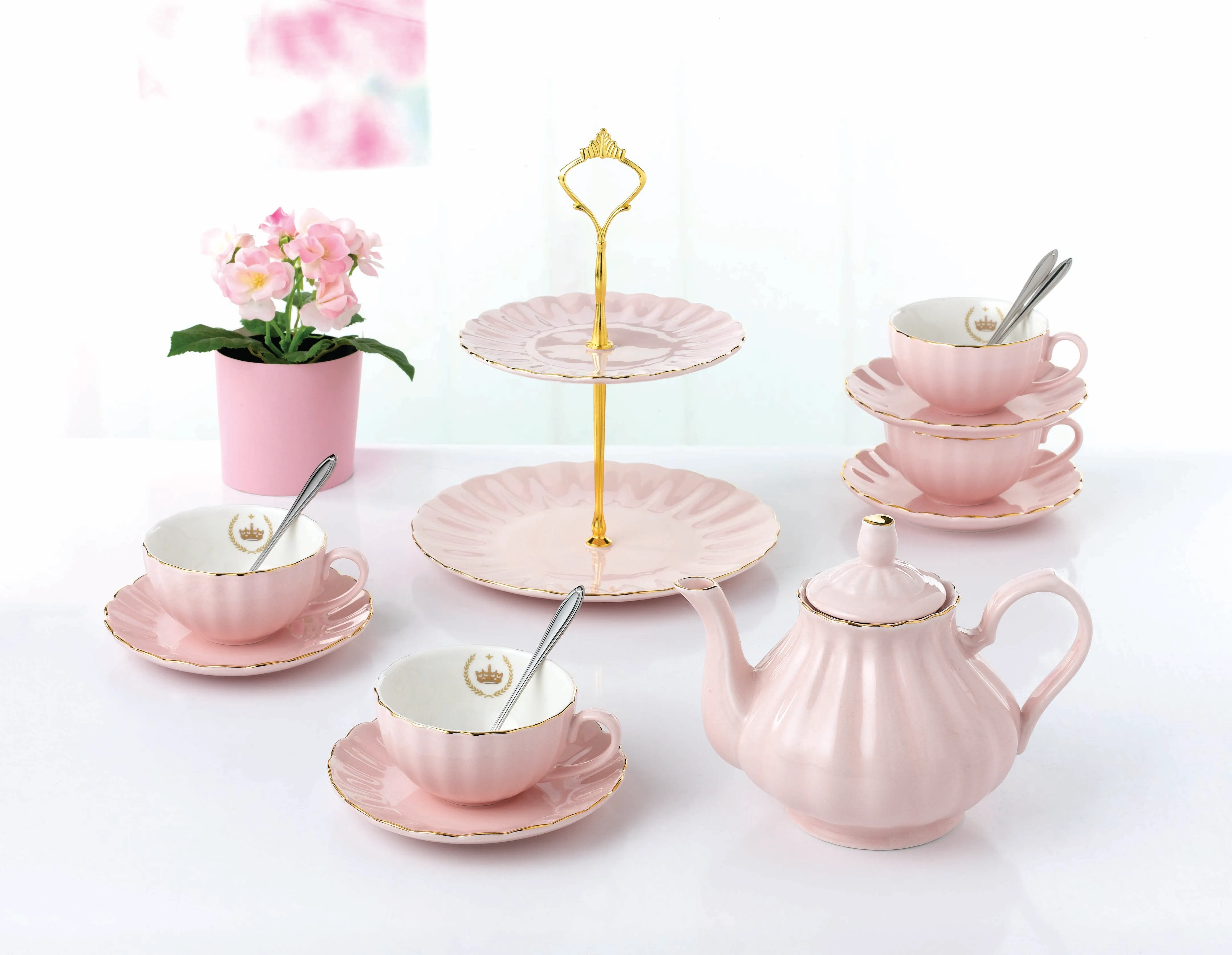 best selling sweet colorful 15 pcs porcelain new bone china tea set teapot and cups