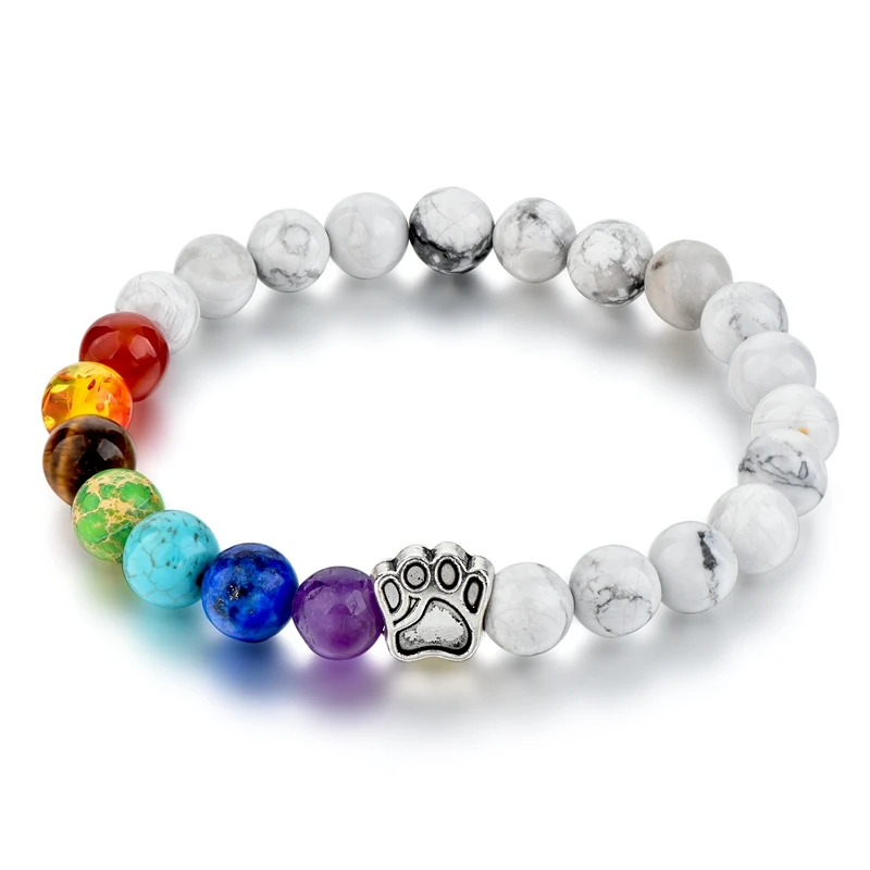 

2018 Men's howlite stone 7 Chakra Stone Beads Healing footprint charm Bracelets, Black and white