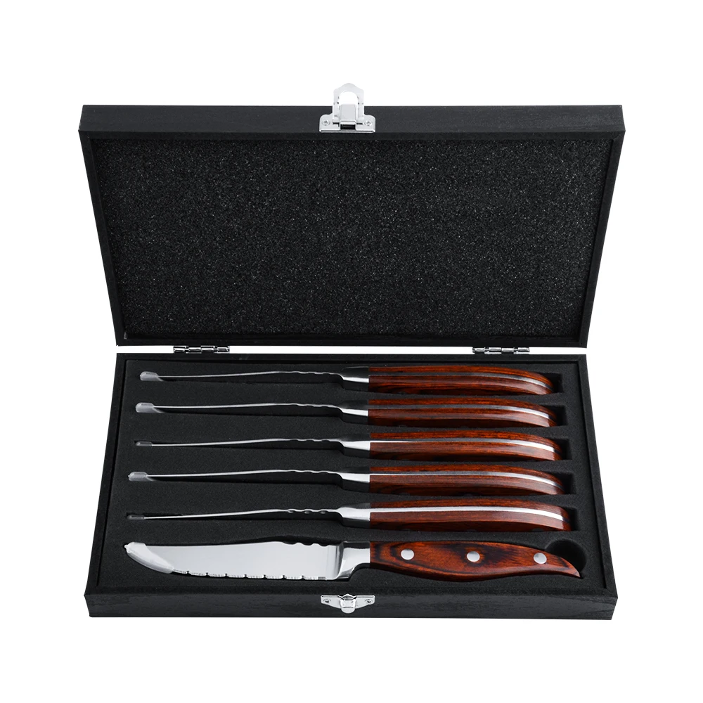 

KN456A45FR Stainless Steel 4 inch Red Pakka Wood Handle 6 Pack Set Steak Knife