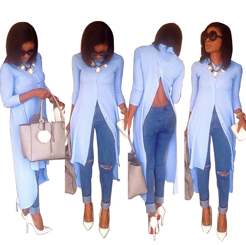 SAA8103 hot selling asymmetric long sleeves shirt casual women's long blouse