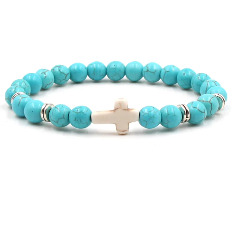 

Trendy Jesus Cross Charm Blue Turquoises Men Bracelet White Grind Stone 8mm Beads Bracelets Bangles for Women Yoga Jewelry