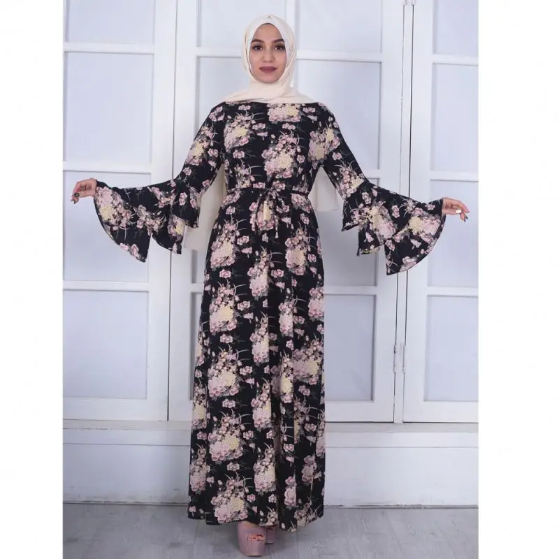 

Long Sleeves Flower Printing Floral Slim Dress Middle Eastern Clothing Muslim dress, According to the picture