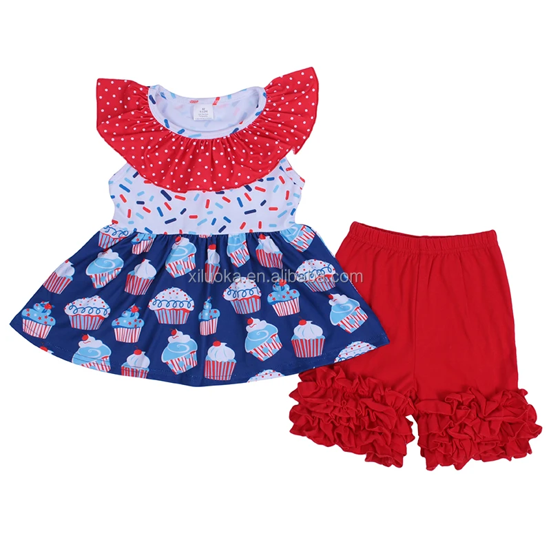 

4th Of July Boutique Outfits Kids Clothes Cake Print Wholesale Girls Ruffle Clothing Set, Picture