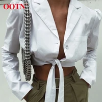

OOTN Female Summer Tops 2019 Streetwear Button Down Long Sleeve Belted Tunic Blouse Women White Shirt Sexy V Neck Wrap Crop Top