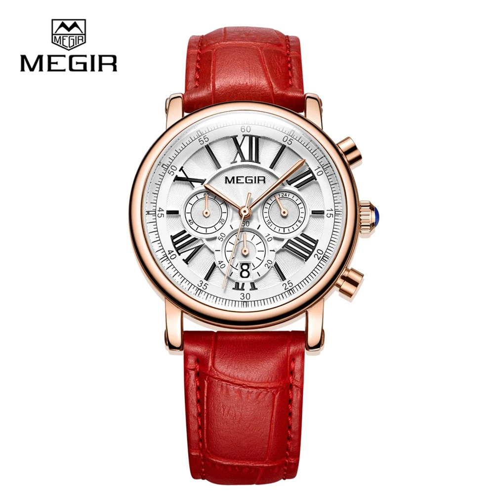 

Megir 2058 3ATM water resistant luxury leather gold quartz wrist watch women