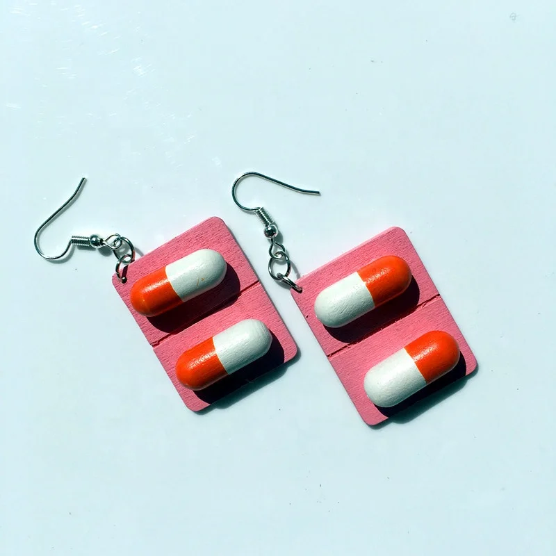 

Fashion Cute Creative Wooden Capsule Drop Earrings Funny Lovely Pills Medicine Dangle Earrings, As our existing