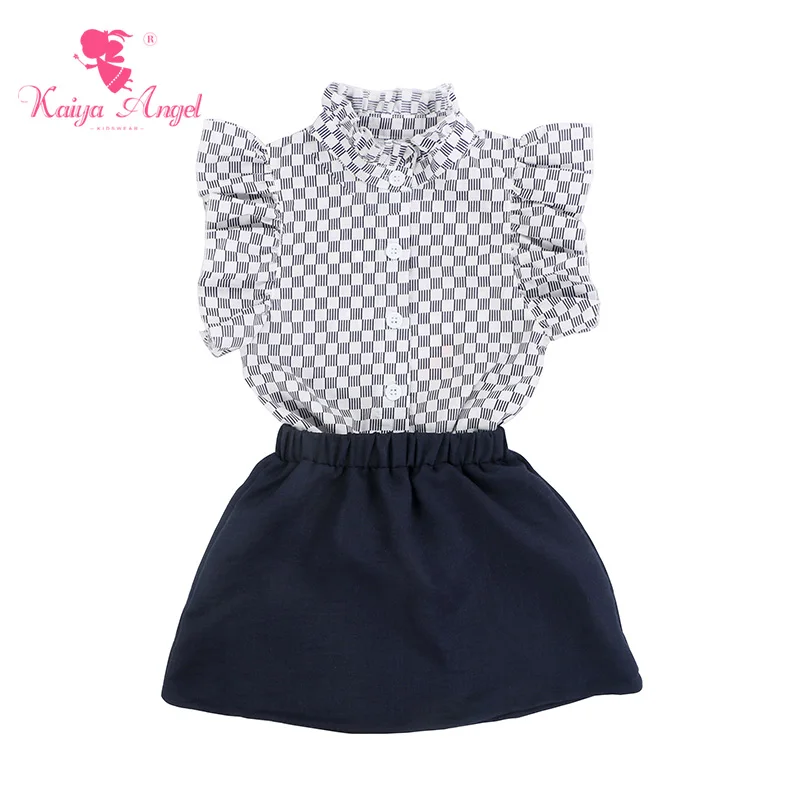 

children clothes girls striped woven cloth short sleeve top +dark blue linen skirt baby clothing outfits, As the picture shows