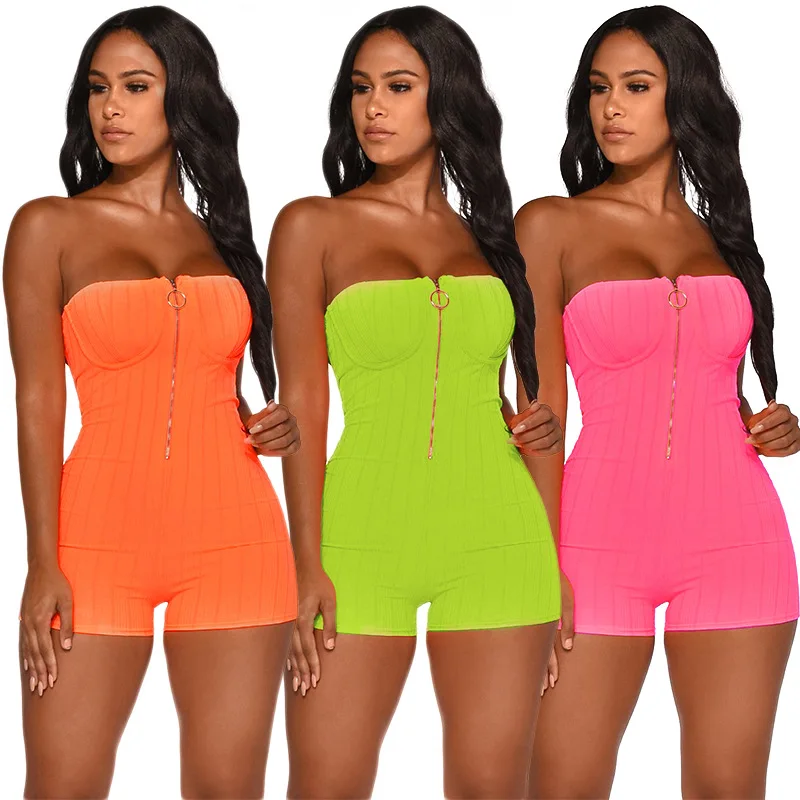 

Ladies off Shoulder slash Neck Zipper Jumpsuit Solid Colour knitted 2019 Summer overall romper playsuit Fashion Beach bodysuit, Pink green orange