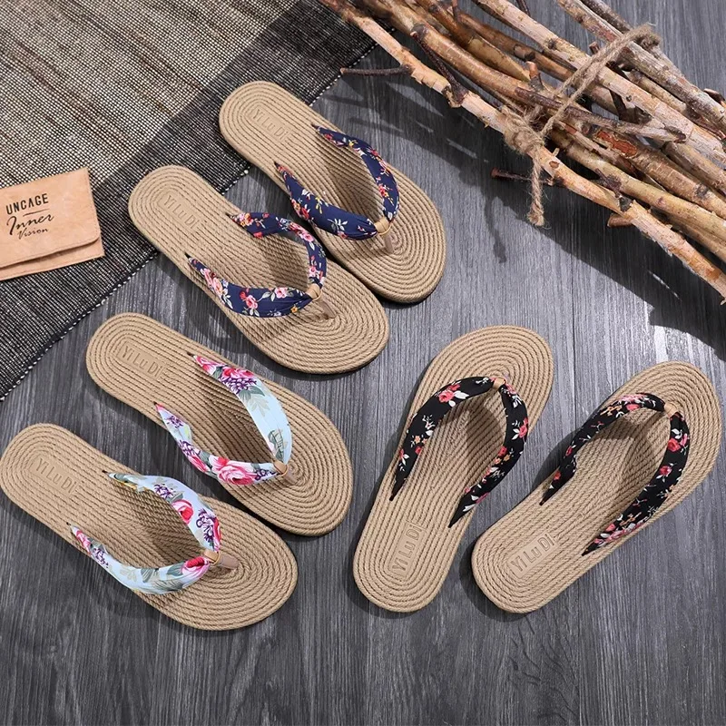 

2019 summer woman straw jute sole flower flip flops beach sandals