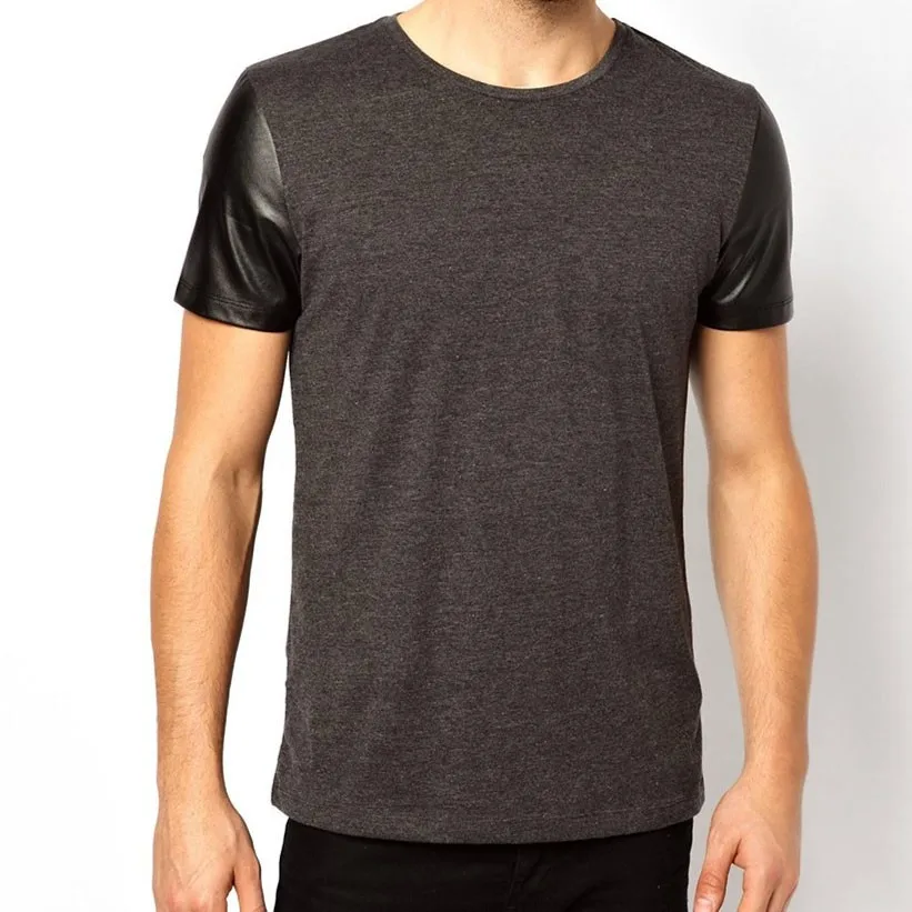 Plain High Quality Men 95 Cotton 5 Elastane T Shirt With Leather