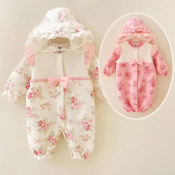 

wholesale autumn winter warm newborn baby clothes organic cotton infant baby girl clothes romper toddler clothing, Pink / white