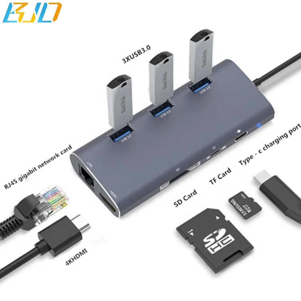 

8 in 1 Type C to 3xUSB 3.0 HUB+SD/TF card reader+PD charging+4KHDMI+RJ45 1000M network card Type C Multifunctional Converter, Silver/grey