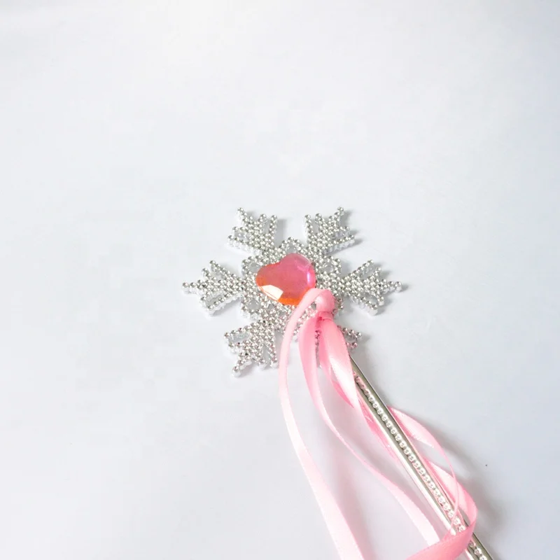 

Pink Plastic snowflower magic wand with ribbon for children princess party