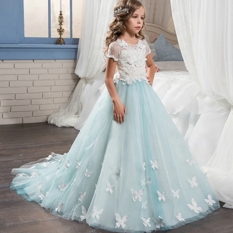 

Lace short sleeve appliqued with bowknot flower girl wedding party long dresses