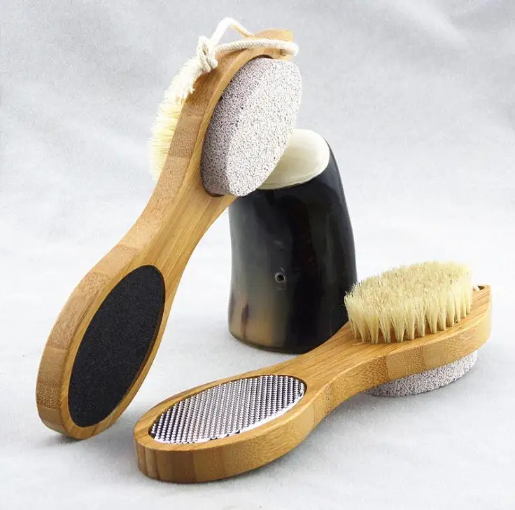 

Exfoliating Dead Skin Remover Foot Massager Wooden Feet Brush with Natural Boar Bristle and Pumice Stone Feet Brush, As pic